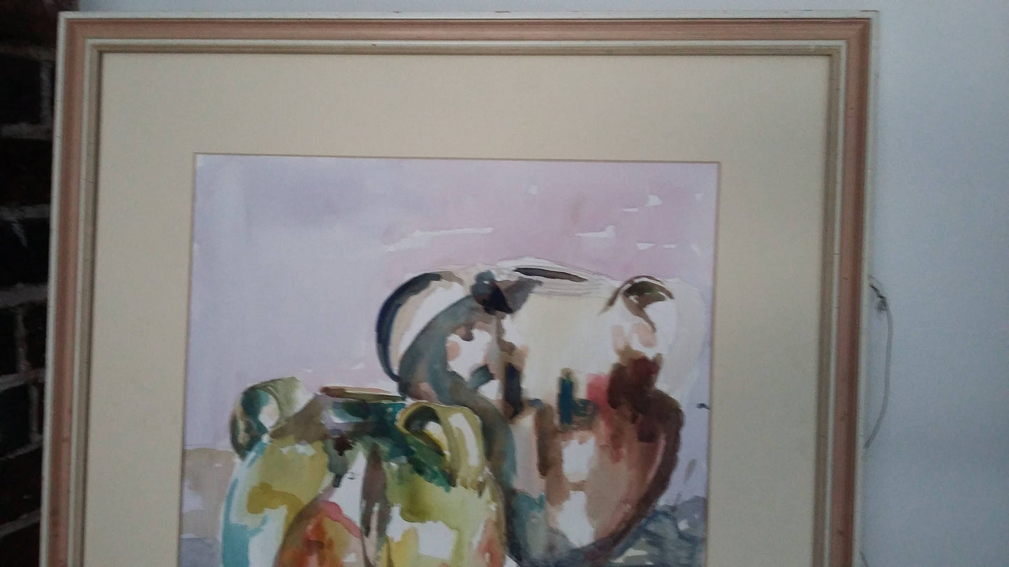 Large Original Vintage Watercolour Still Life ‘The Pots From Aubeterre’ Jill Emslie 1991