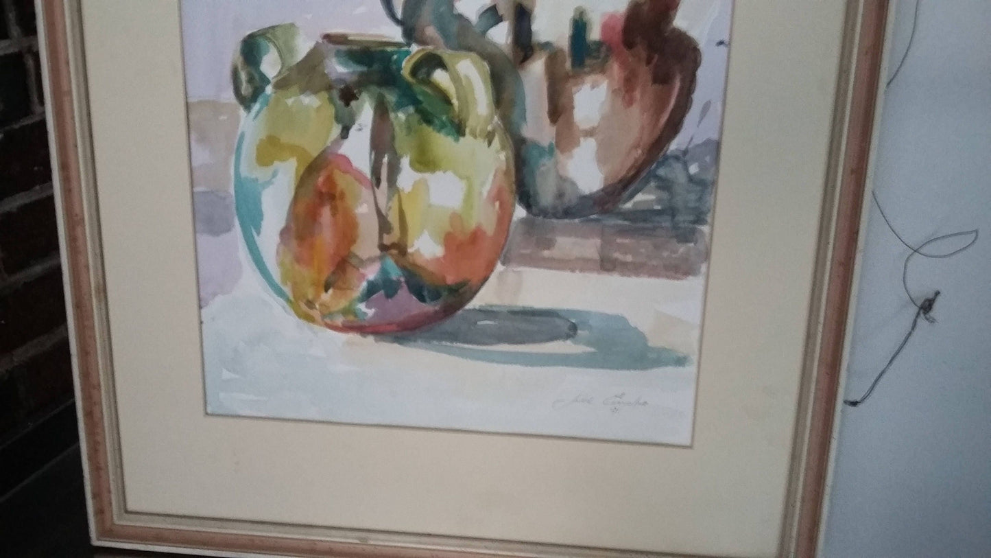 Large Original Vintage Watercolour Still Life ‘The Pots From Aubeterre’ Jill Emslie 1991