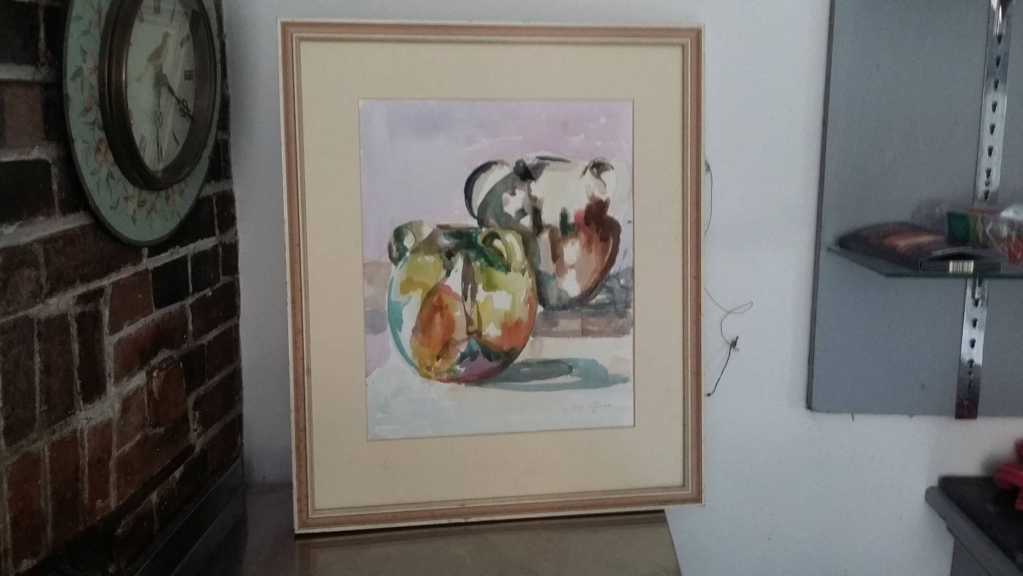 Large Original Vintage Watercolour Still Life ‘The Pots From Aubeterre’ Jill Emslie 1991