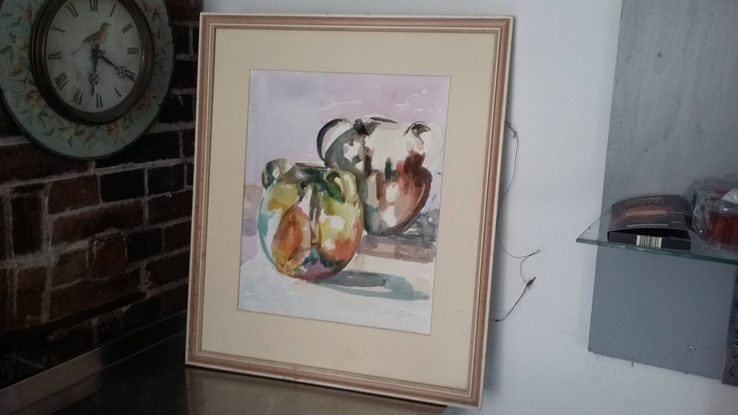Large Original Vintage Watercolour Still Life ‘The Pots From Aubeterre’ Jill Emslie 1991