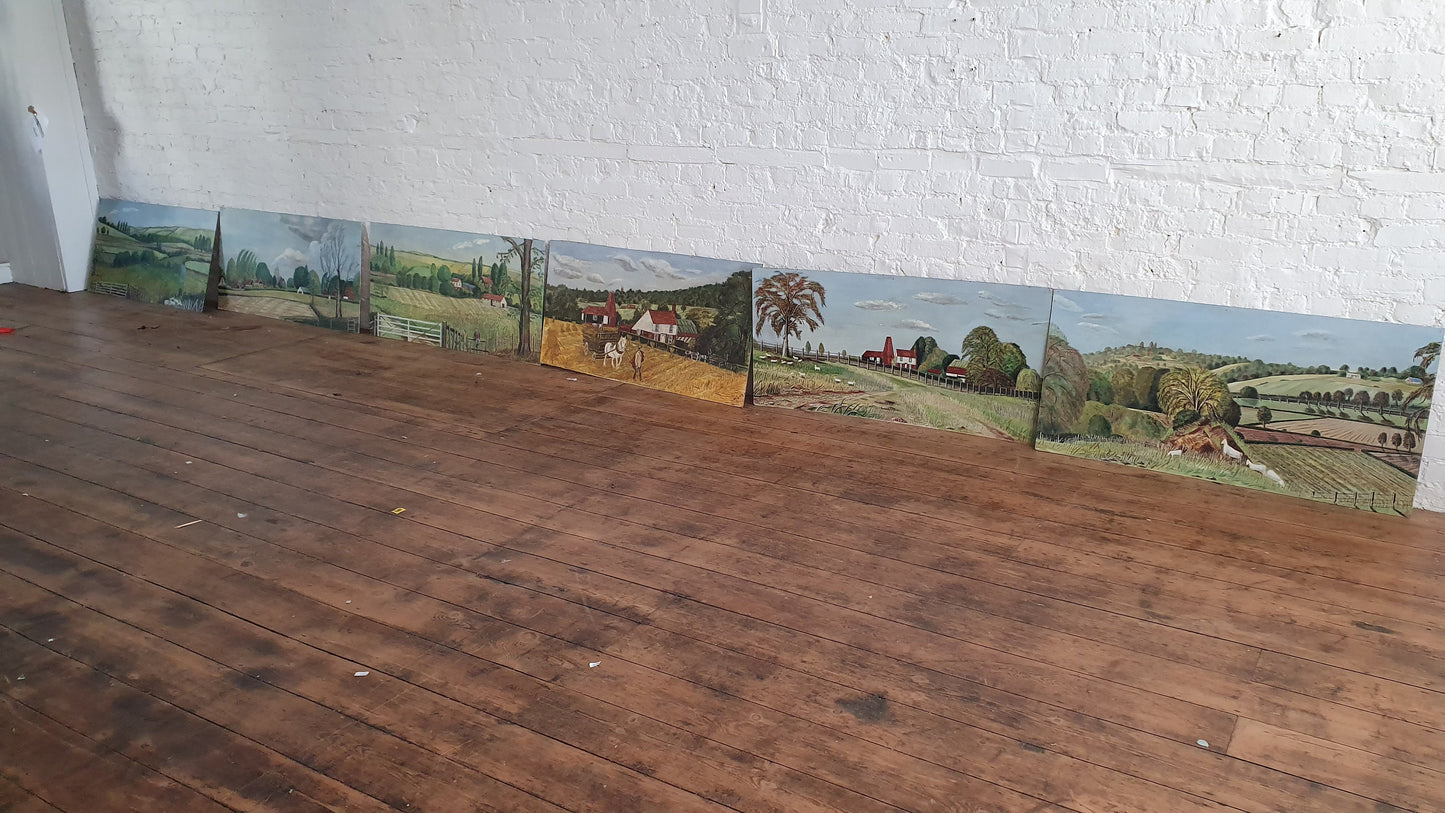 6 Large Countryside Original Oil Paintings Still Life on Boards. Each 4 X 2 ft