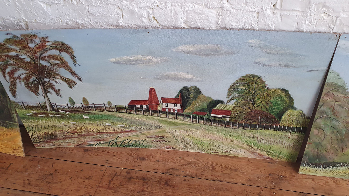 6 Large Countryside Original Oil Paintings Still Life on Boards. Each 4 X 2 ft