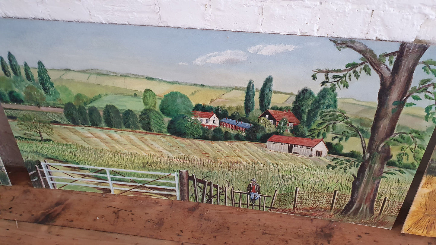 6 Large Countryside Original Oil Paintings Still Life on Boards. Each 4 X 2 ft