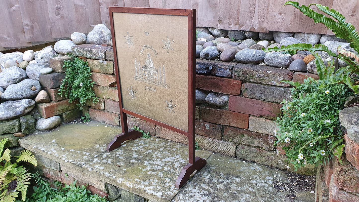 Unusual Pre War Oak Frame Fire Screen of Taj Mahal Sequin Tapestry India