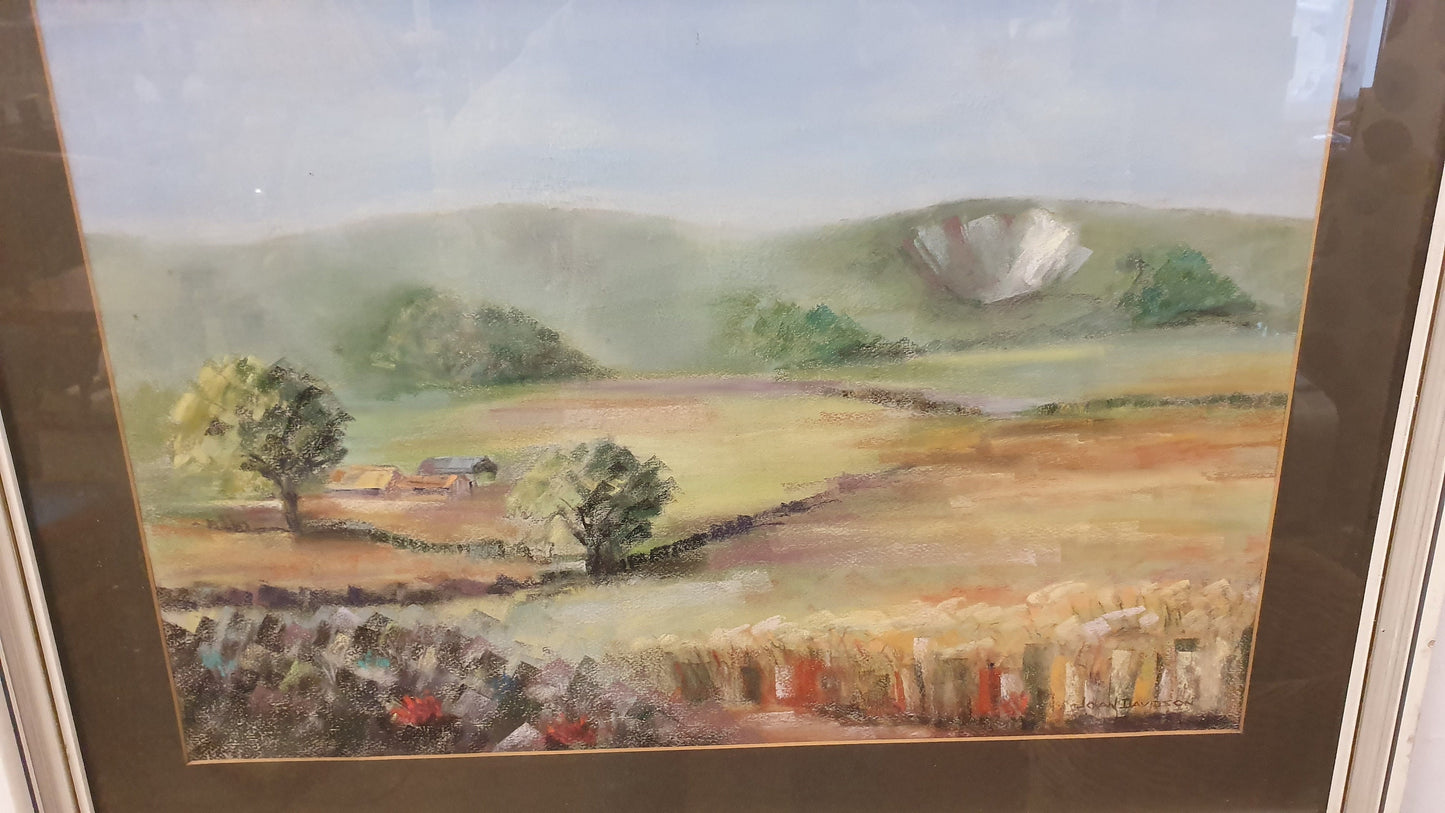 Large Retro Original Oil Pastel Painting Countryside Landscape in Glazed Wooden Frame