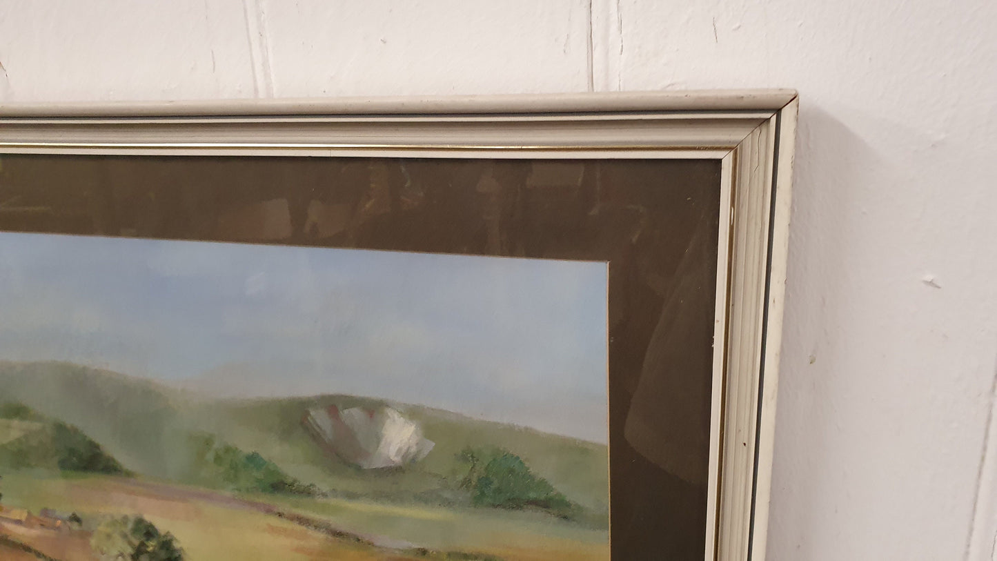 Large Retro Original Oil Pastel Painting Countryside Landscape in Glazed Wooden Frame