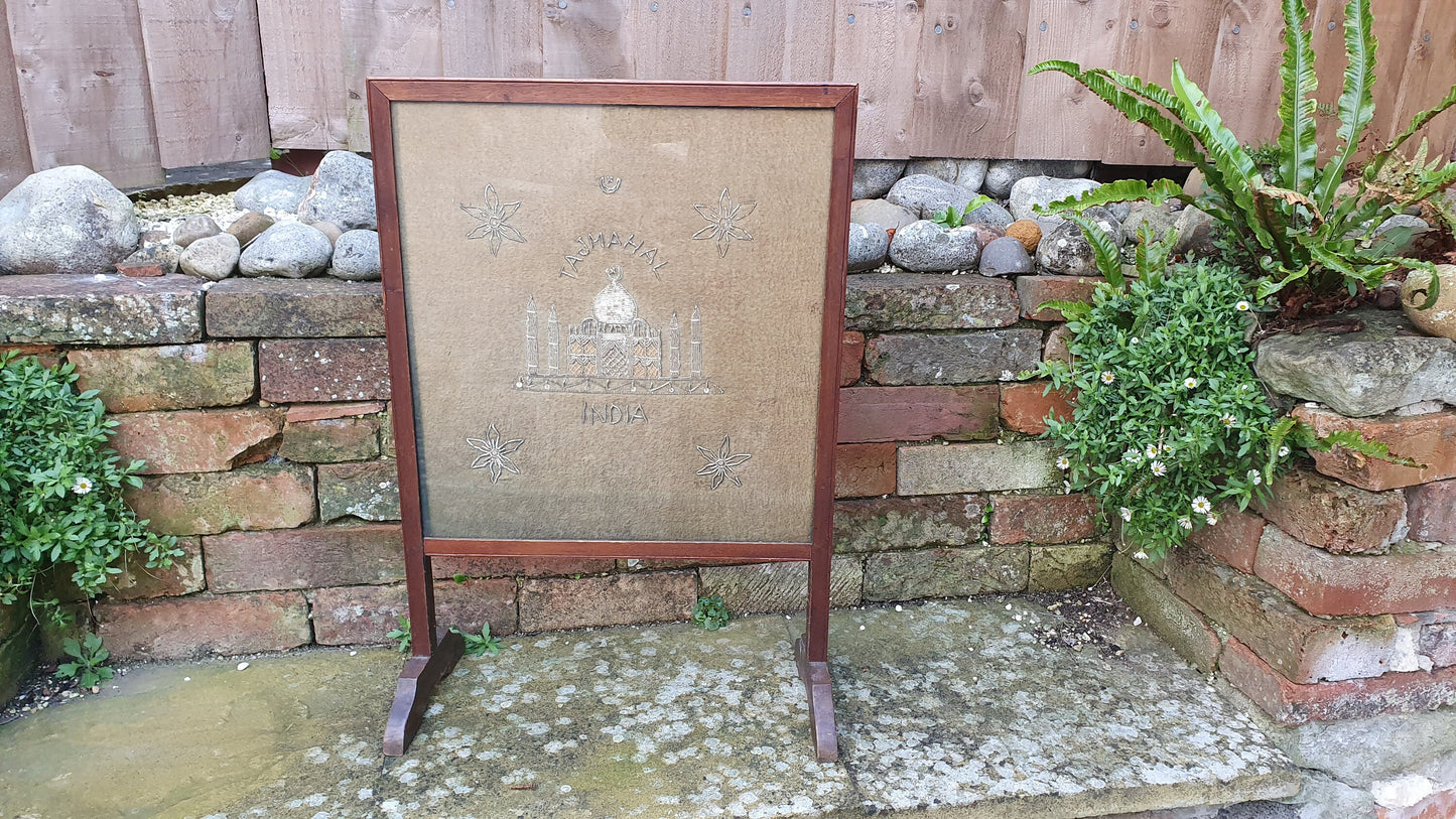Unusual Pre War Oak Frame Fire Screen of Taj Mahal Sequin Tapestry India