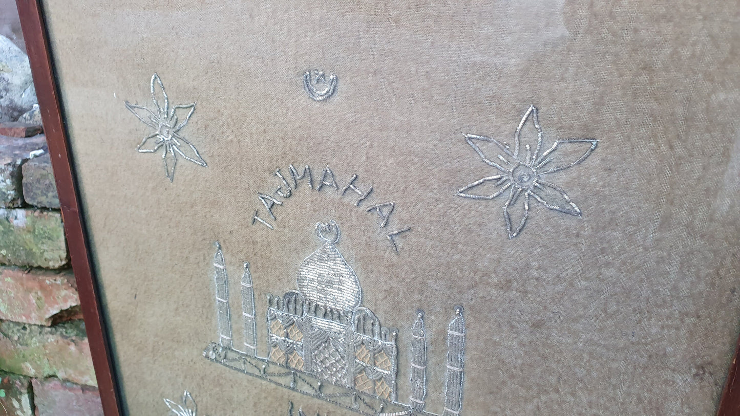 Unusual Pre War Oak Frame Fire Screen of Taj Mahal Sequin Tapestry India