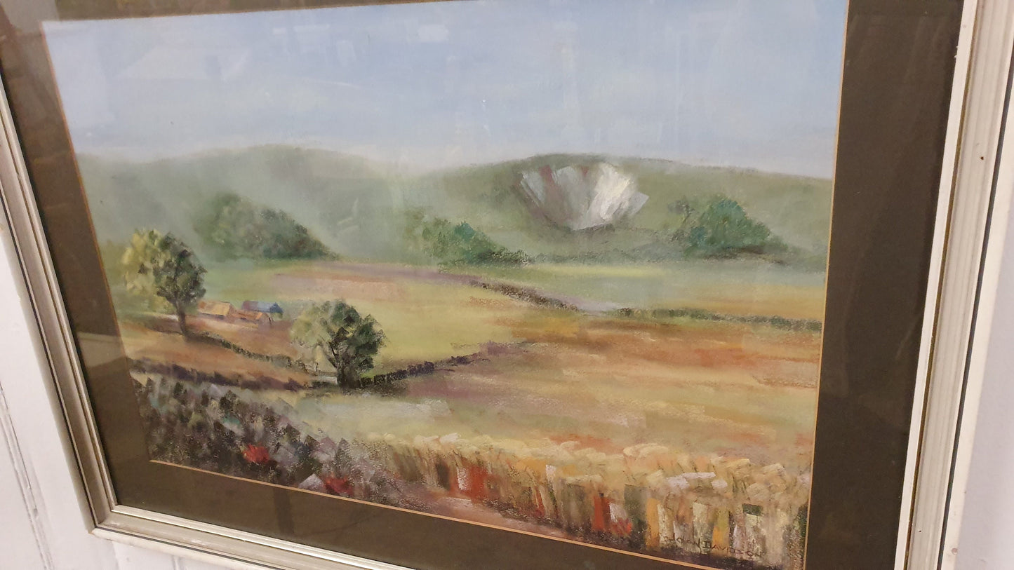 Large Retro Original Oil Pastel Painting Countryside Landscape in Glazed Wooden Frame