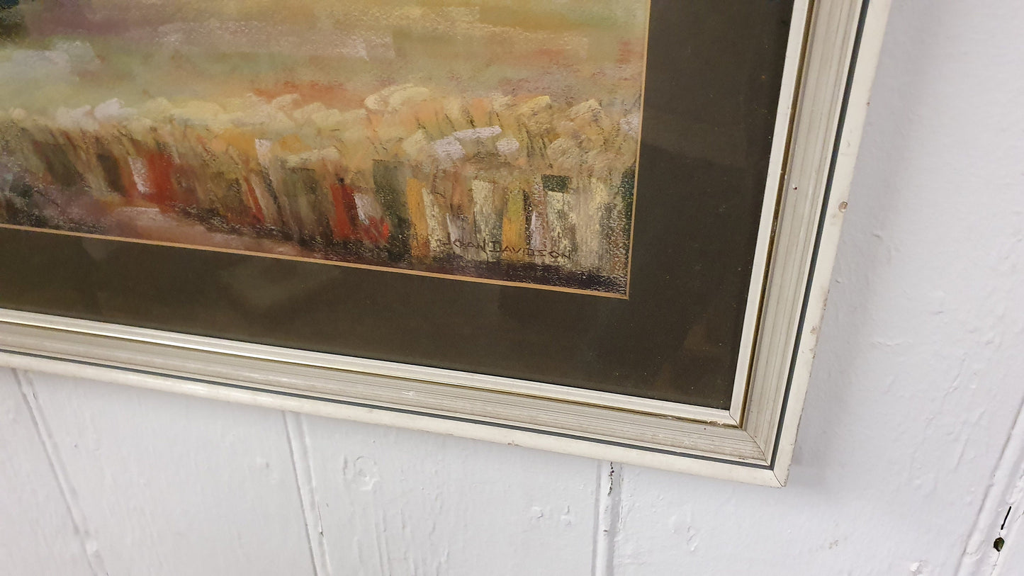Large Retro Original Oil Pastel Painting Countryside Landscape in Glazed Wooden Frame