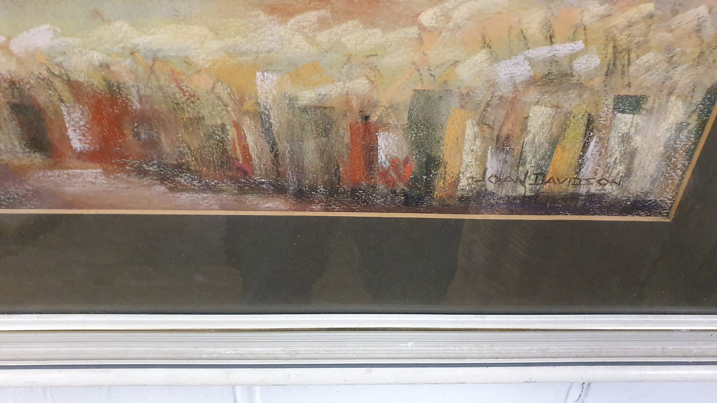 Large Retro Original Oil Pastel Painting Countryside Landscape in Glazed Wooden Frame