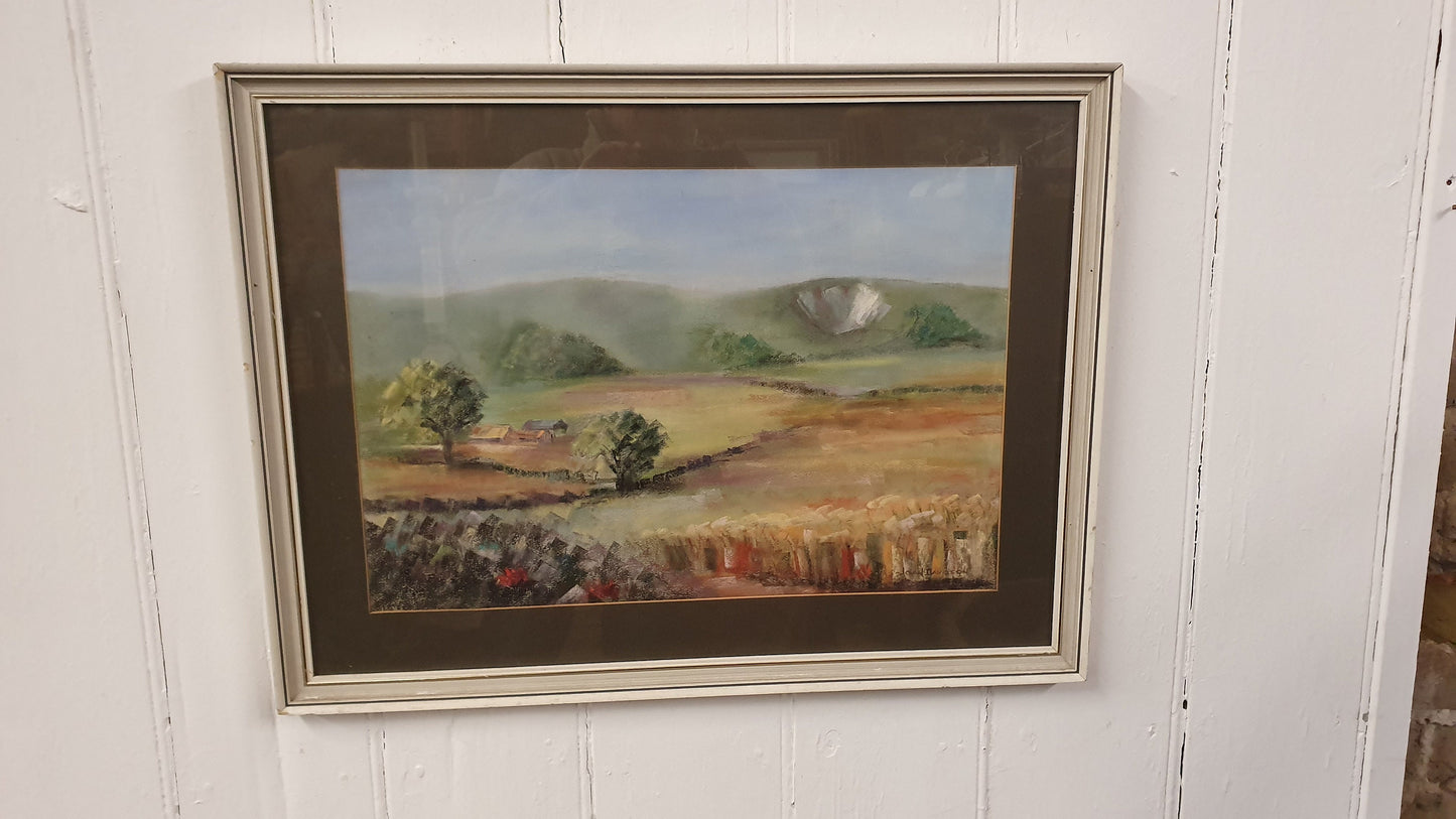 Large Retro Original Oil Pastel Painting Countryside Landscape in Glazed Wooden Frame
