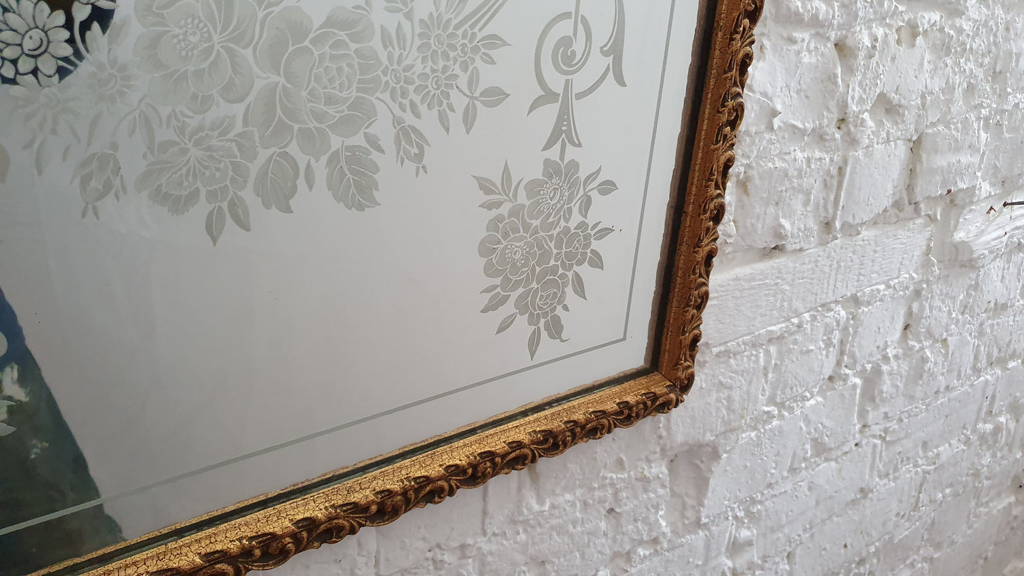 Large Heavy Gilt Retro Gold 60’s Wall Mirror Pattern Decorated Glass.