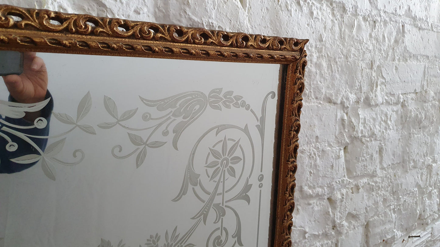 Large Heavy Gilt Retro Gold 60’s Wall Mirror Pattern Decorated Glass.