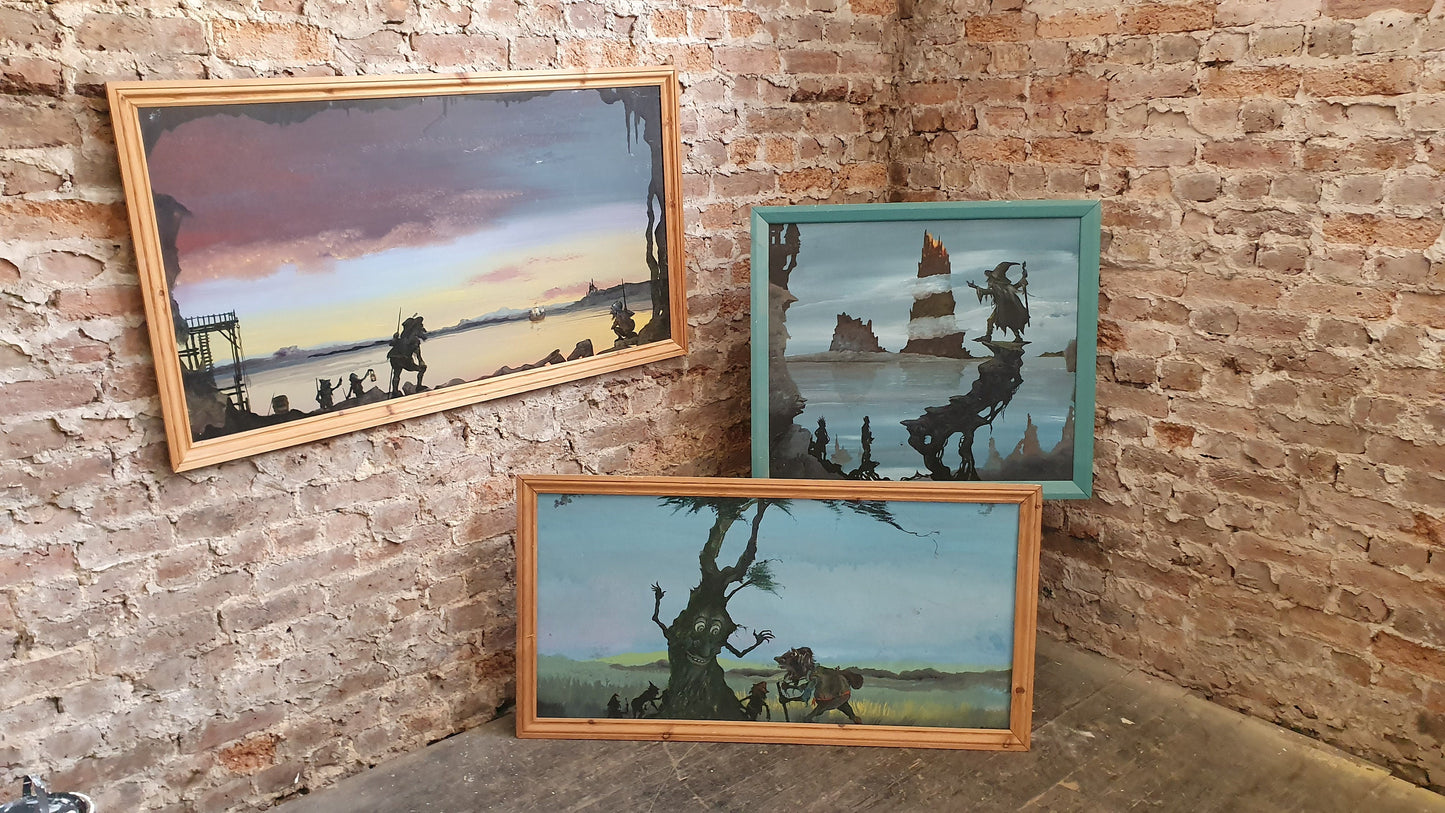 Three Huge 1980’s Vintage Original Acrylic Paintings Fantasy Gremlins Hobbit Dungeon and Dragons Pictures