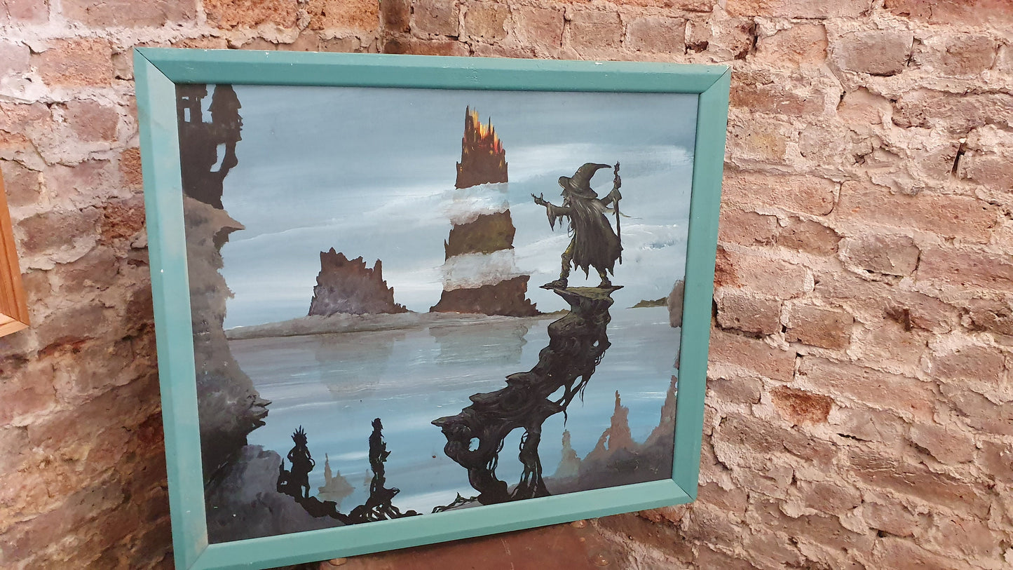 Three Huge 1980’s Vintage Original Acrylic Paintings Fantasy Gremlins Hobbit Dungeon and Dragons Pictures