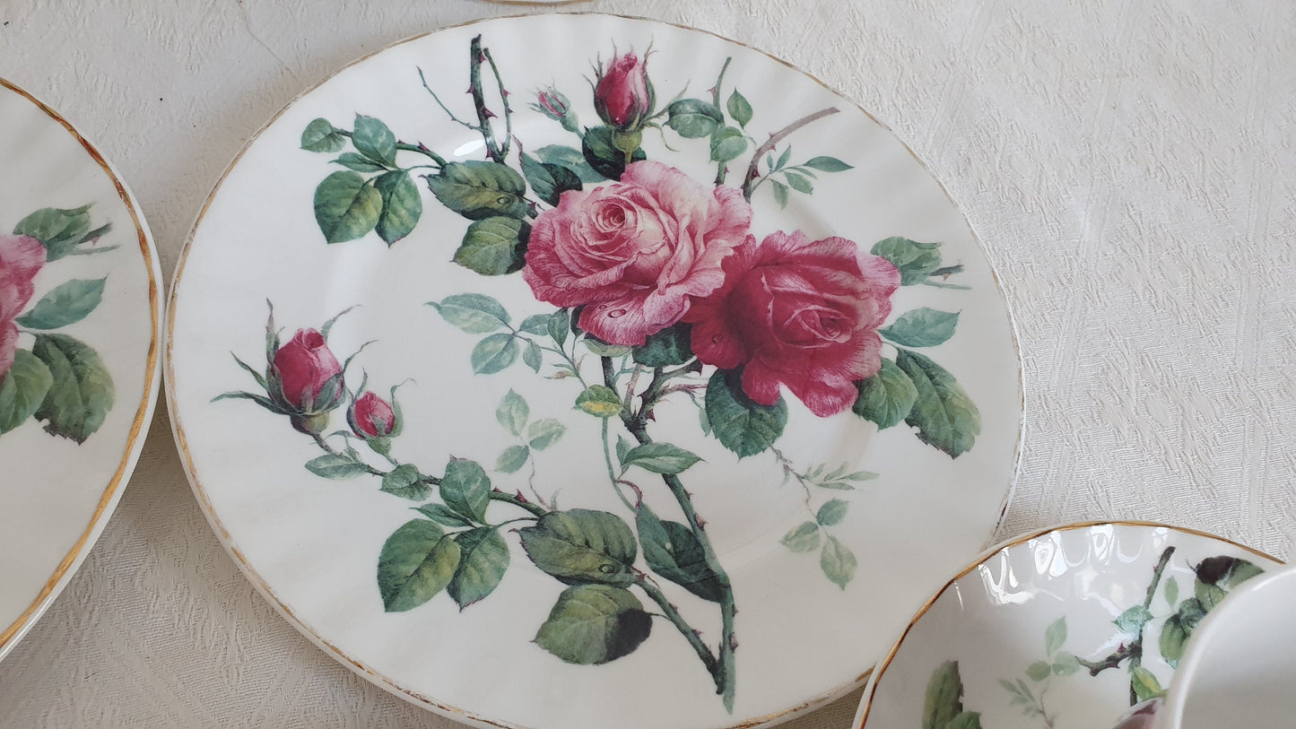 Delightful Set of 4 Rose Cups Saucers and Large Tea Plates ‘English Rose’ Tea Set Exclusive Design Roy Kirkham 1992