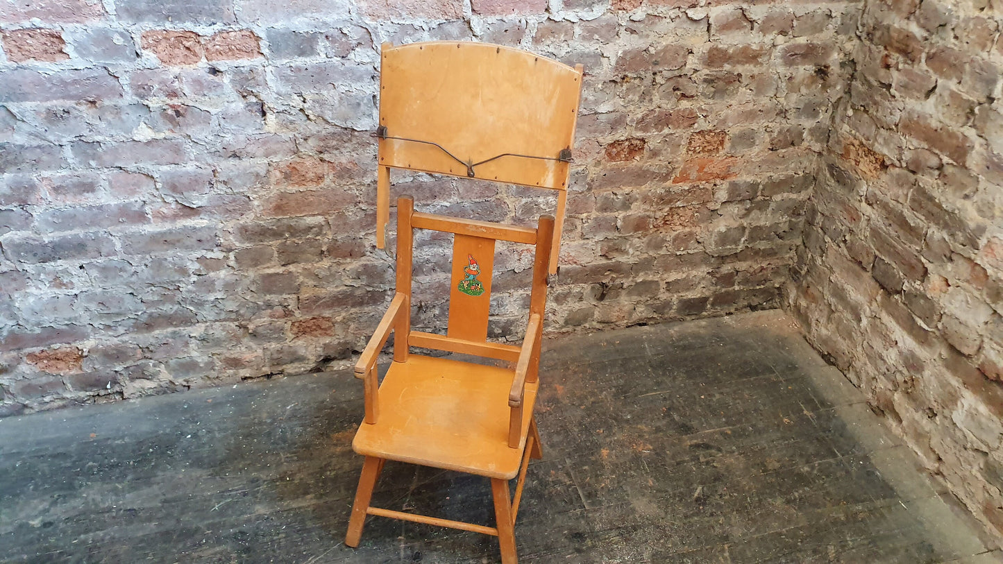 Vintage Retro Child’s Chair With Lift Over Eating Surface. Quirky Plant Stand.