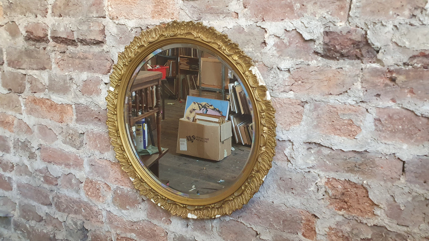Gilt Gold Damaged Sunburst Vintage Round Bevelled Mirror
