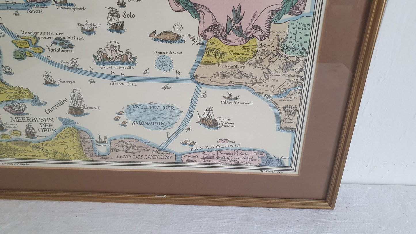 Large Vintage Print Karte des Notenmeeres Bei Heimeran in Munchen Musical Map Print