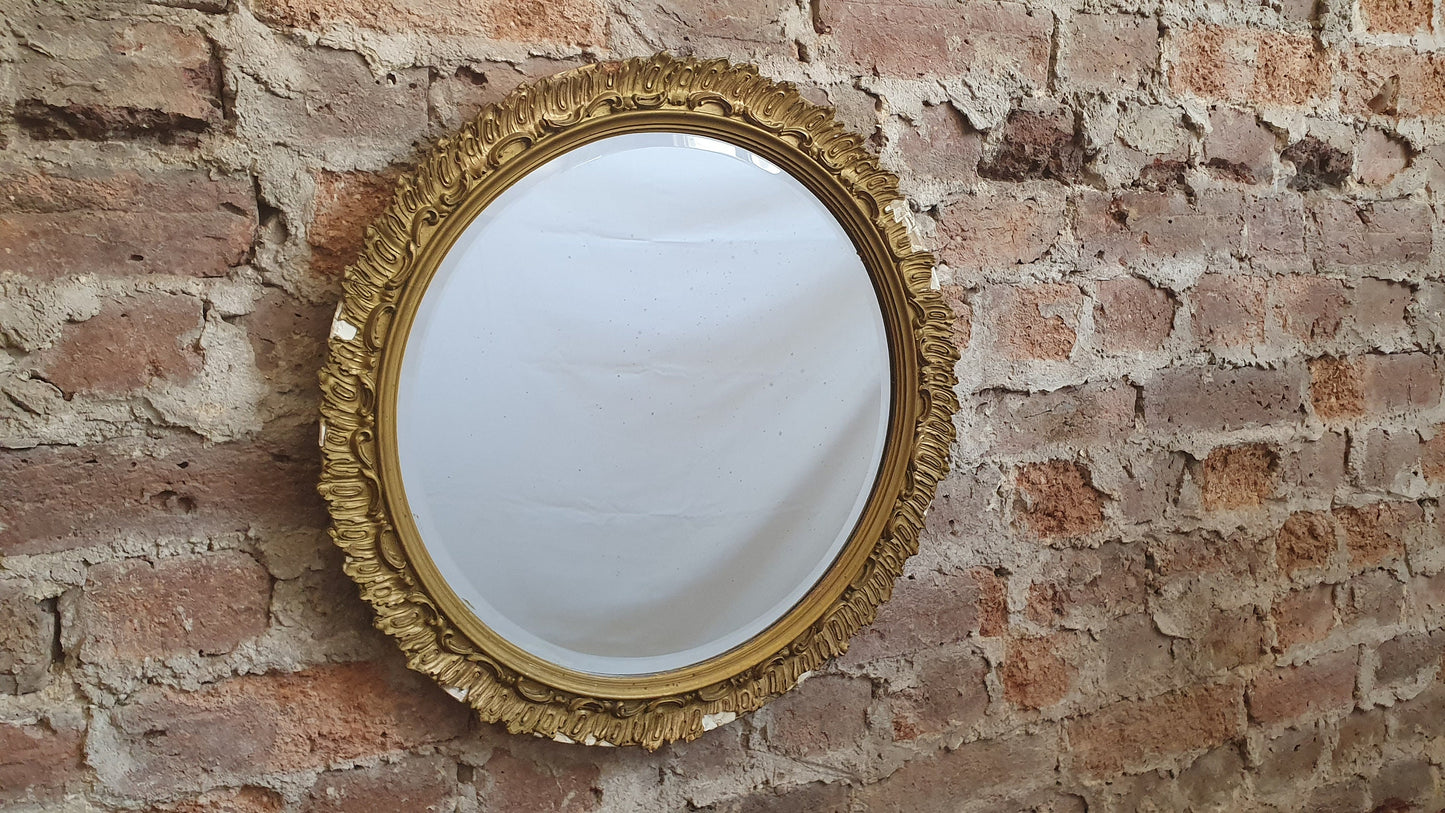 Gilt Gold Damaged Sunburst Vintage Round Bevelled Mirror