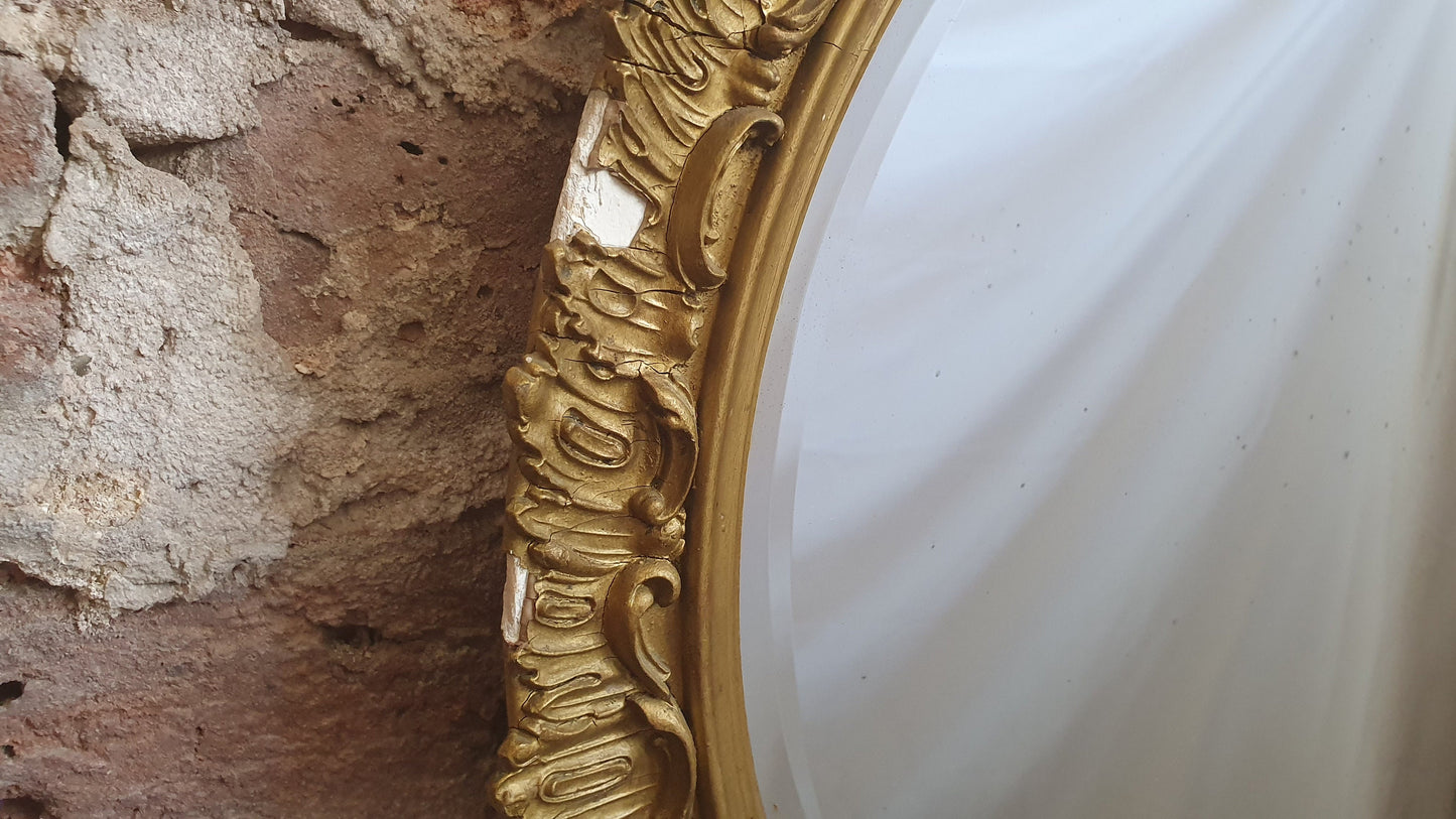 Gilt Gold Damaged Sunburst Vintage Round Bevelled Mirror
