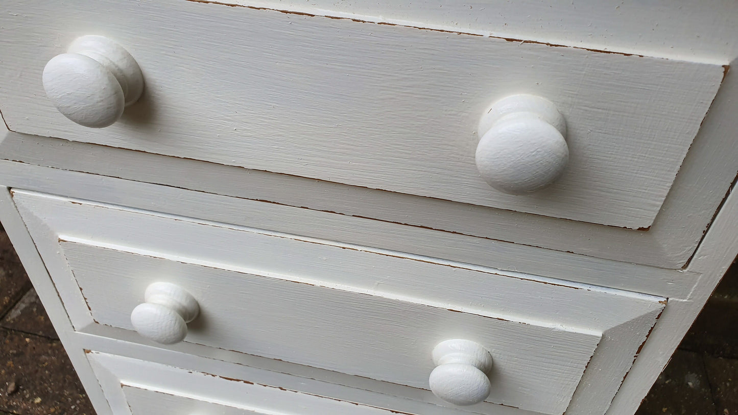 80’s Hand Painted Bedside Chest of Drawers Table Solid Pine in Farrow and Ball Wimborne White and Gold Acrylic Pine Stripped Pine Top