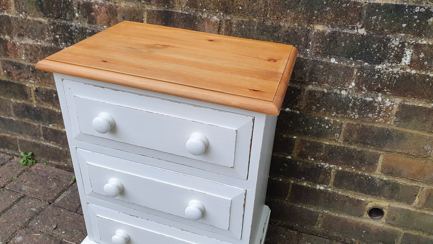 80’s Hand Painted Bedside Chest of Drawers Table Solid Pine in Farrow and Ball Wimborne White and Gold Acrylic Pine Stripped Pine Top