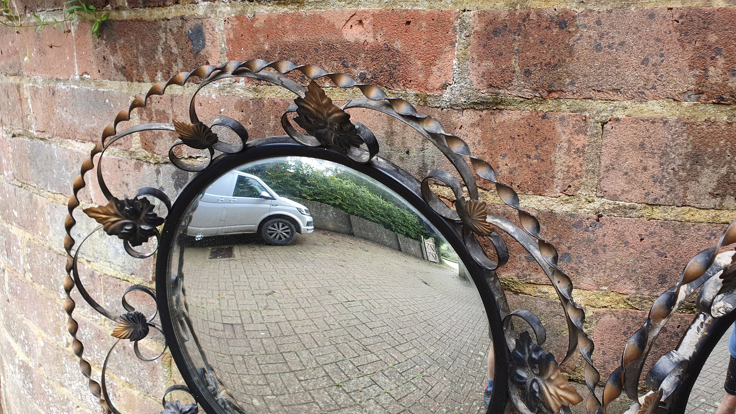 2 Retro Pair Metal Convex Black and Gold Mirrors 1960’s Leaf Shape