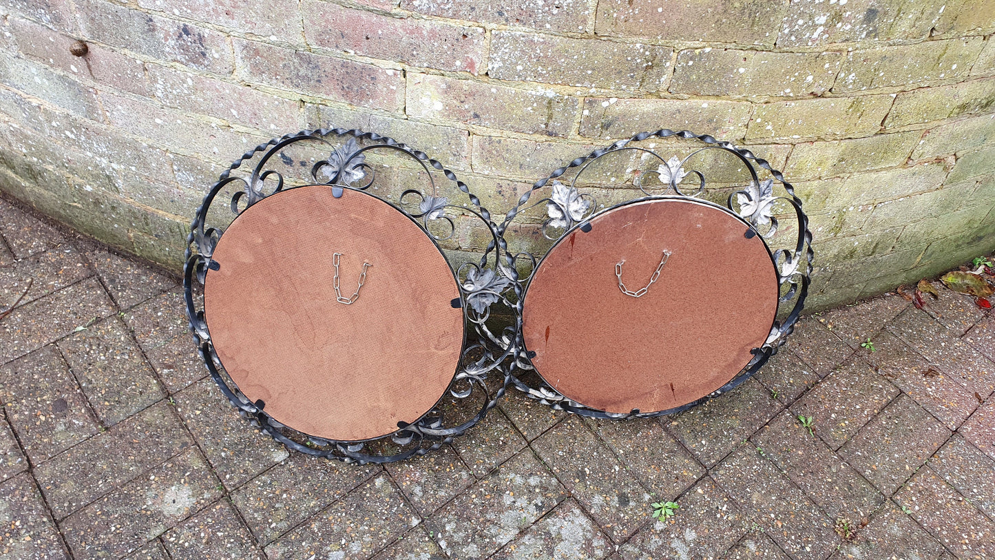 2 Retro Pair Metal Convex Black and Gold Mirrors 1960’s Leaf Shape