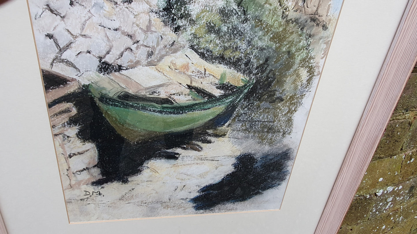 Large Crayon Pastel Drawing Picture Aground in Assos Kefalonia Boat on the Shore
