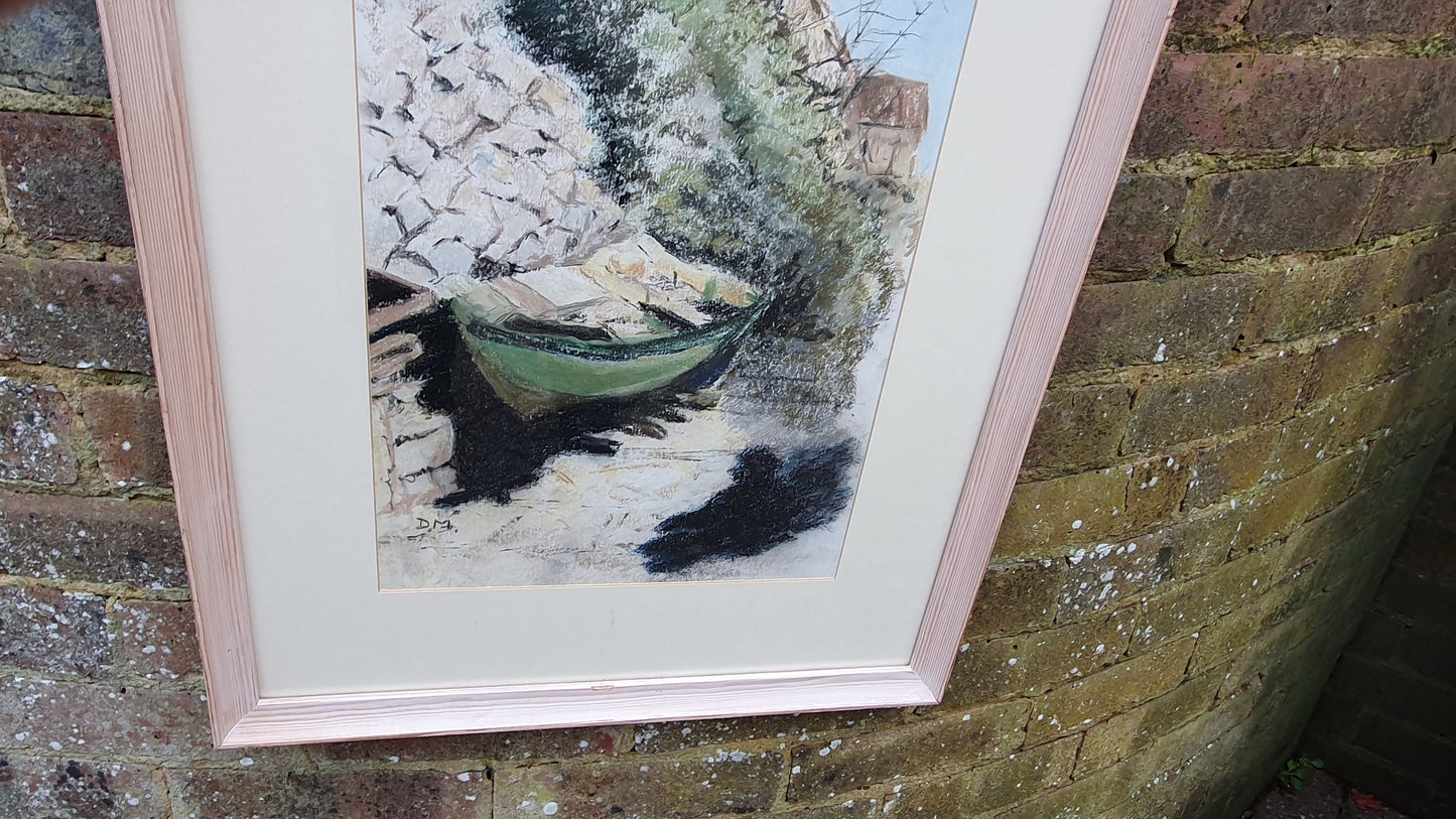 Large Crayon Pastel Drawing Picture Aground in Assos Kefalonia Boat on the Shore