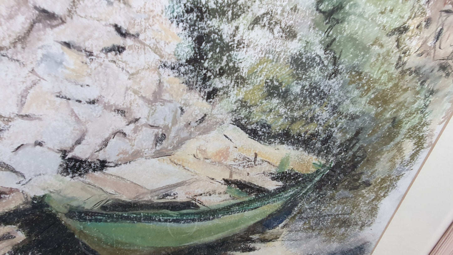 Large Crayon Pastel Drawing Picture Aground in Assos Kefalonia Boat on the Shore