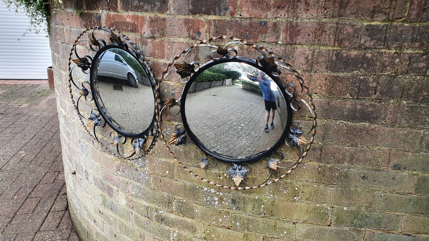 2 Retro Pair Metal Convex Black and Gold Mirrors 1960’s Leaf Shape