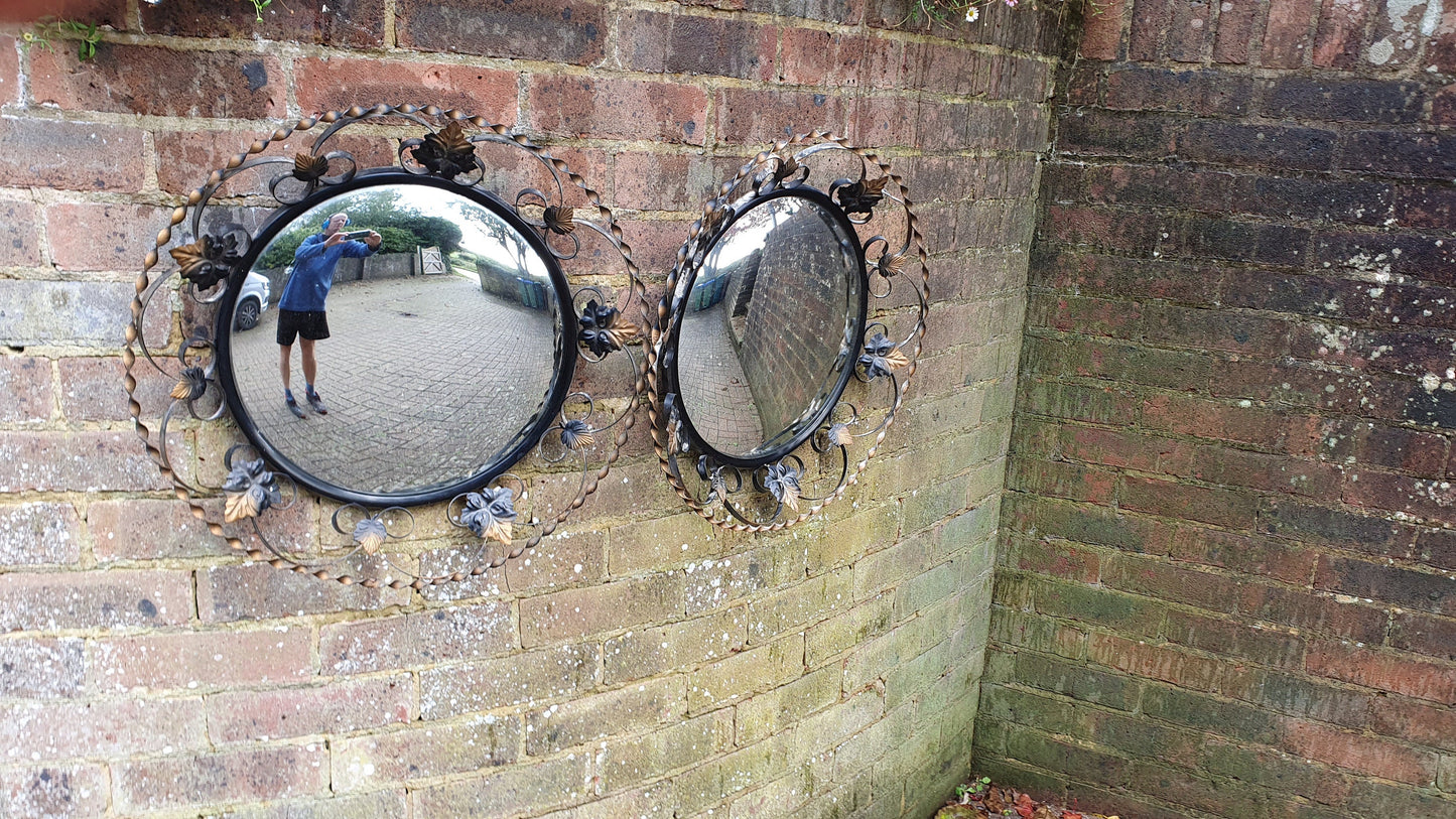 2 Retro Pair Metal Convex Black and Gold Mirrors 1960’s Leaf Shape