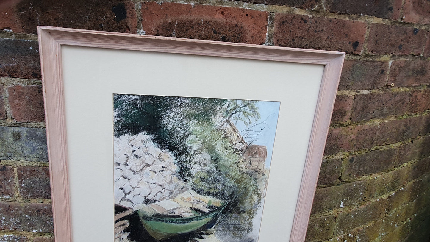 Large Crayon Pastel Drawing Picture Aground in Assos Kefalonia Boat on the Shore