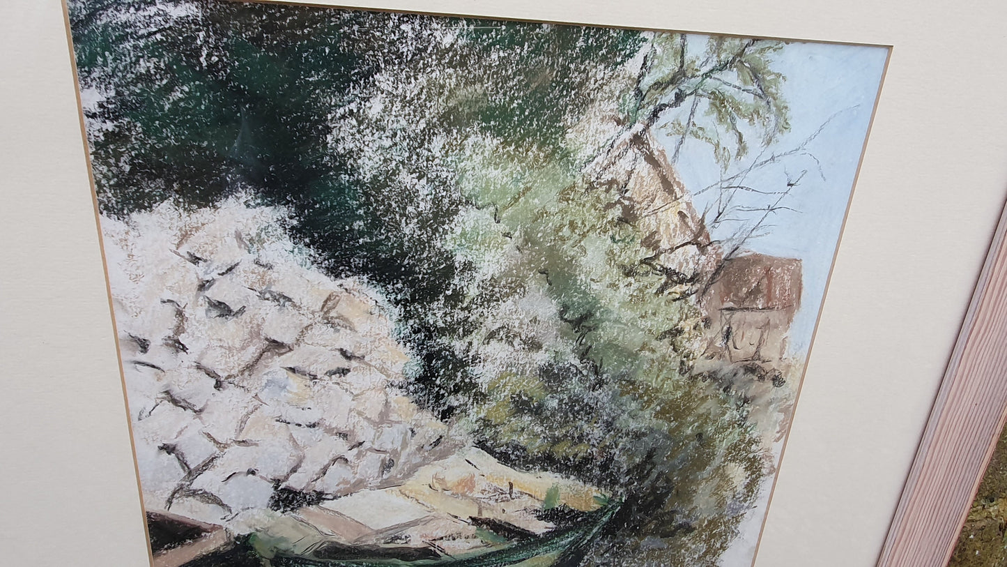 Large Crayon Pastel Drawing Picture Aground in Assos Kefalonia Boat on the Shore