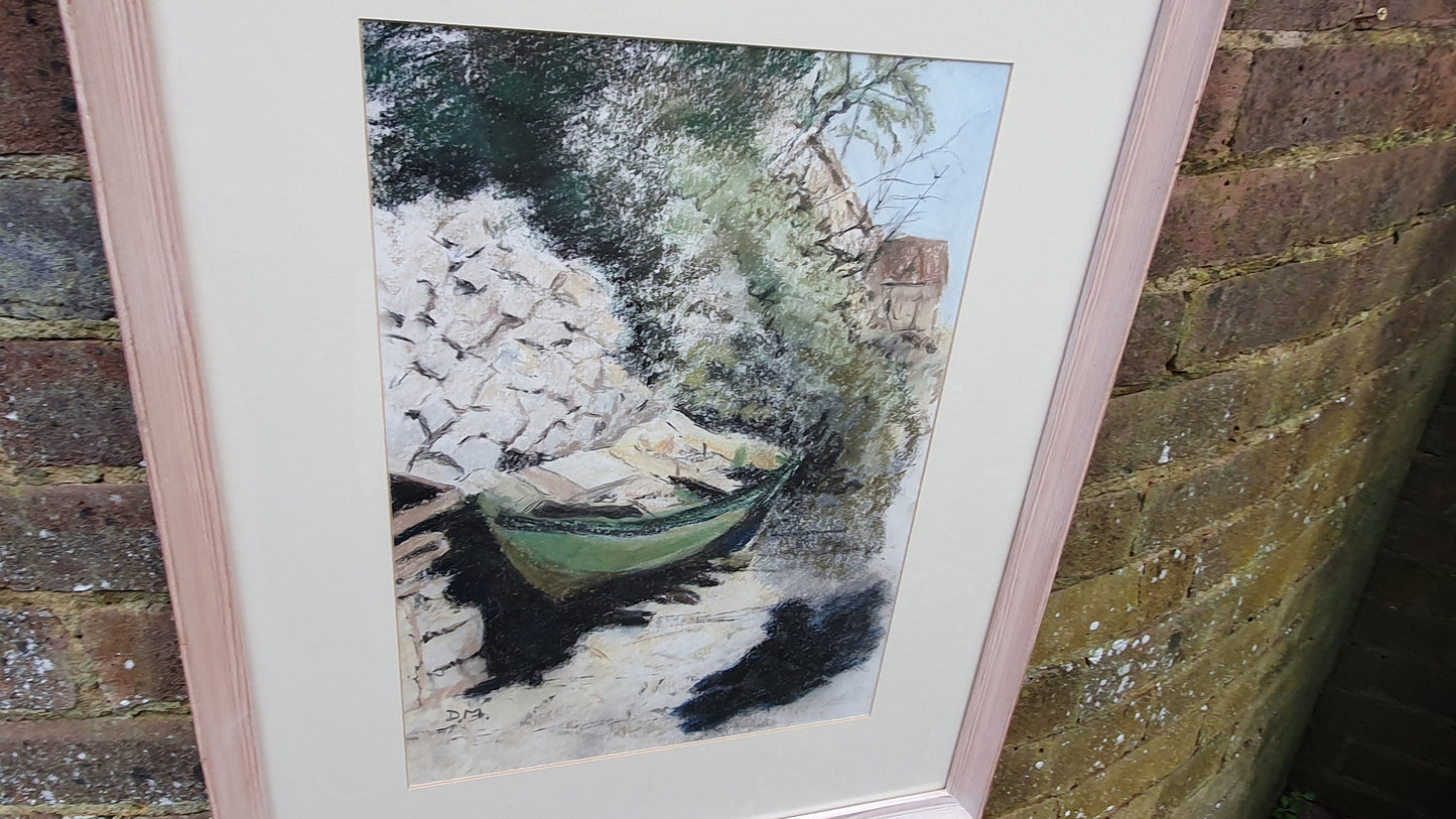 Large Crayon Pastel Drawing Picture Aground in Assos Kefalonia Boat on the Shore