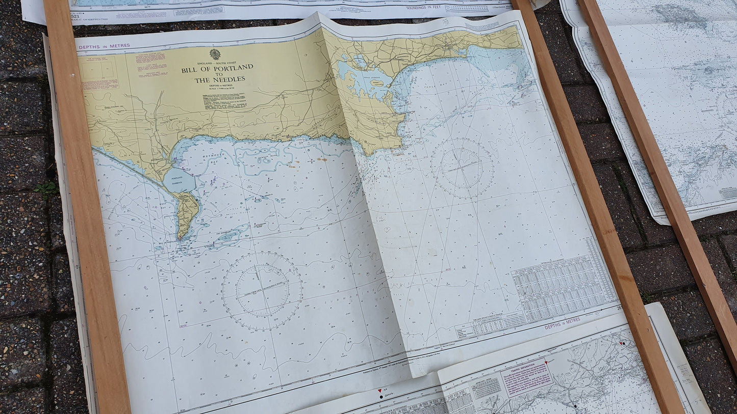 Six Nautical Charts Vintage Naval Sea Maps Navy English Channel South Coast England Sussex Kent Dorset etc.