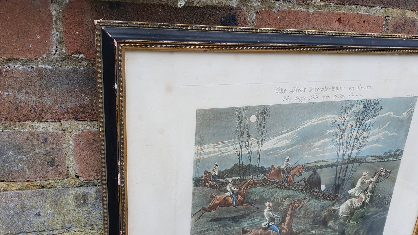Large First Steeple-Chase Antique Hand Coloured Print Henry Alken John Harris Horse Racing Equestrian Victorian Framed 58.5 x 49.5 cm