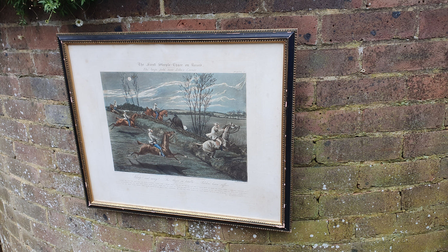 Large First Steeple-Chase Antique Hand Coloured Print Henry Alken John Harris Horse Racing Equestrian Victorian Framed 58.5 x 49.5 cm