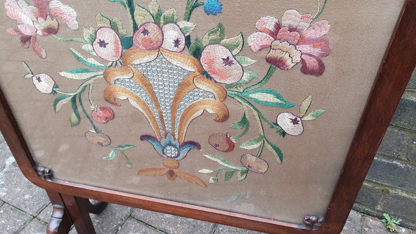 Vintage Victorian Mahogany Fire Screen With Fold Up Foldaway Table Option Embroidery