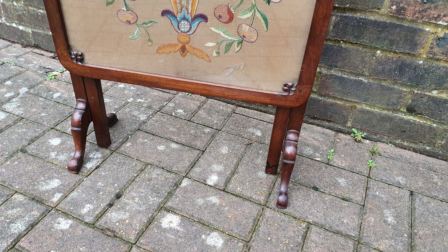 Vintage Victorian Mahogany Fire Screen With Fold Up Foldaway Table Option Embroidery