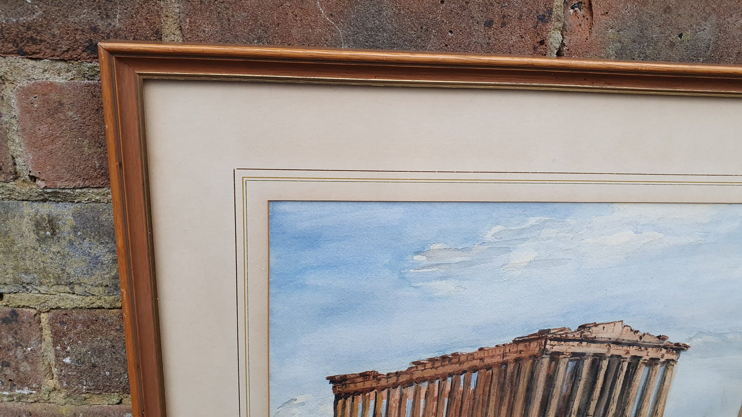 Large Parthenon Temple, Acropolis Athens Greece Original Vintage Watercolour Artwork Framed 52 x 42 cm