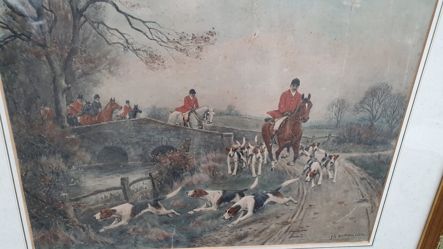 John Sanderson Wells Fox Vintage Fox Hunting Colour Print Gold Gilt Frame 60 x 51.5 cm