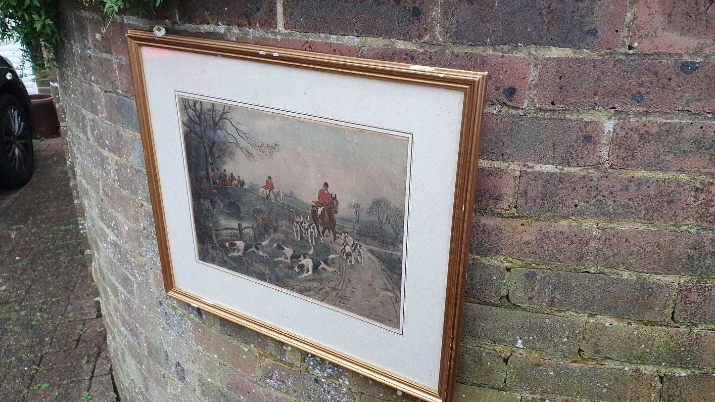 John Sanderson Wells Fox Vintage Fox Hunting Colour Print Gold Gilt Frame 60 x 51.5 cm