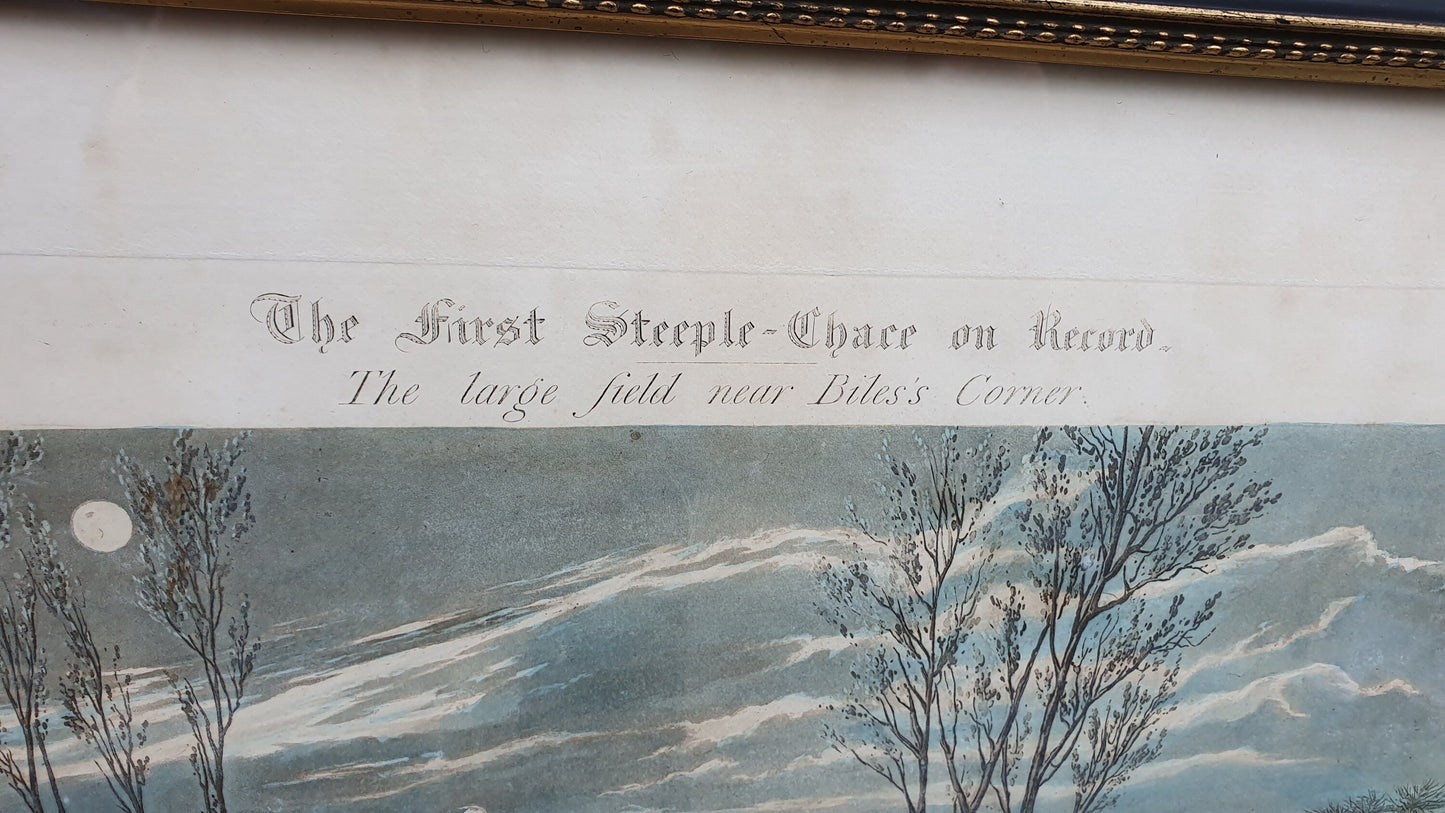 Large First Steeple-Chase Antique Hand Coloured Print Henry Alken John Harris Horse Racing Equestrian Victorian Framed 58.5 x 49.5 cm