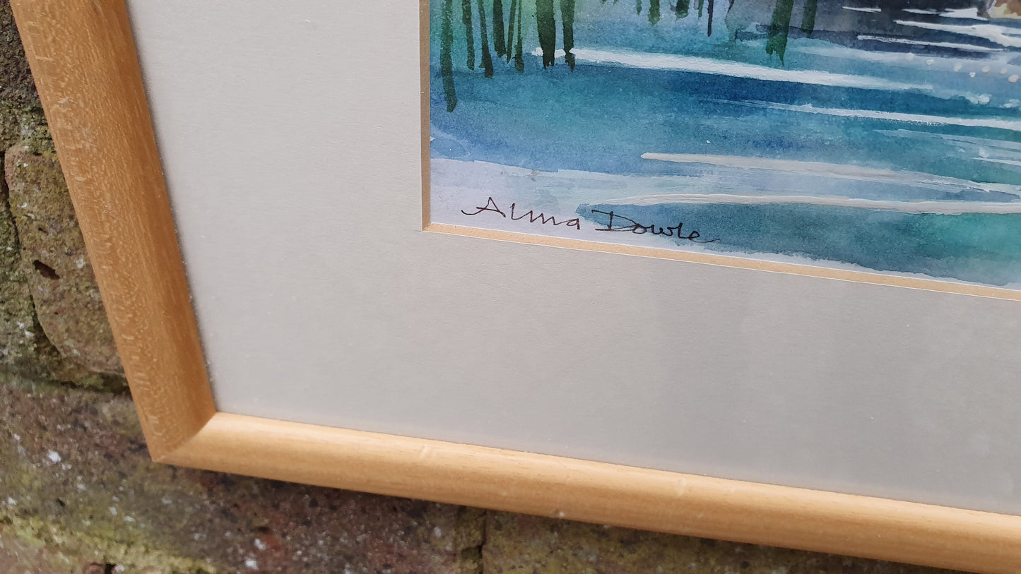 Alma Dowle Children & Ducklings Signed Watercolour Original British Art River Wildlife Countryside Framed