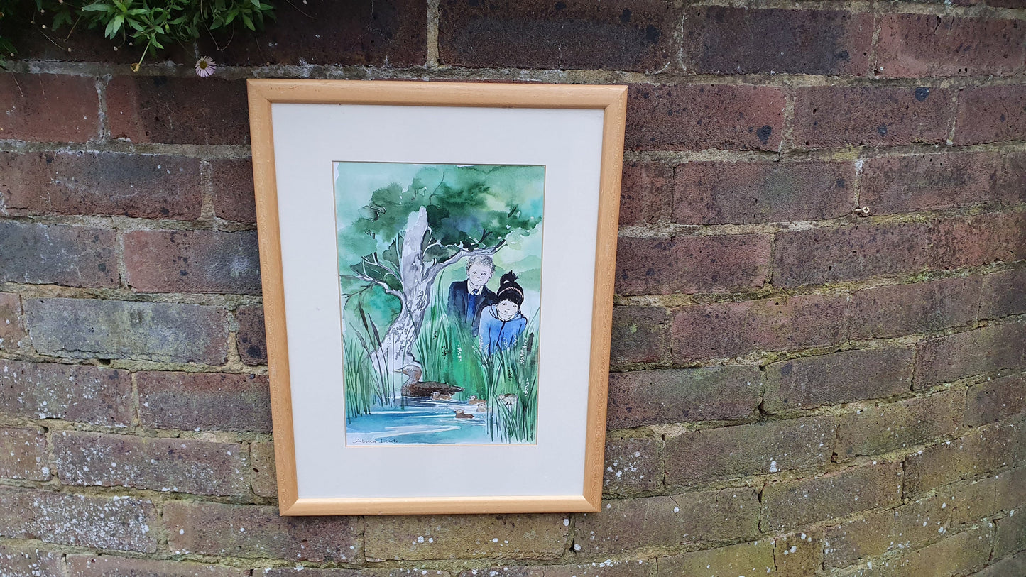Alma Dowle Children & Ducklings Signed Watercolour Original British Art River Wildlife Countryside Framed