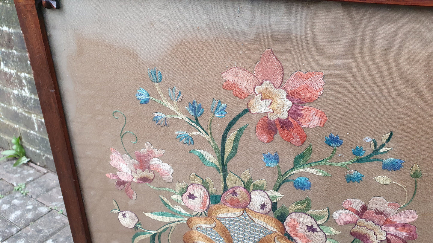 Vintage Victorian Mahogany Fire Screen With Fold Up Foldaway Table Option Embroidery